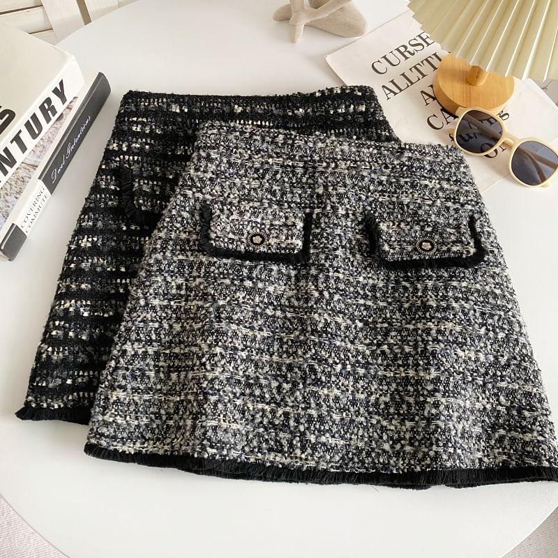 High Waist Tweed Mini A-Line Skirt