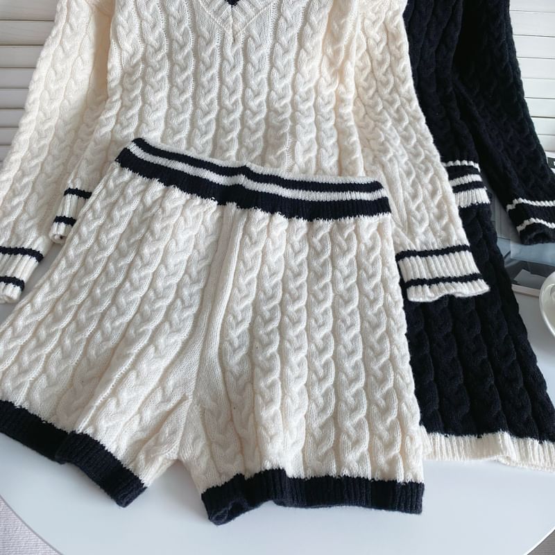 Set: V-Neck Contrast Trim Cable Knit Sweater + High Waist Wide Leg Shorts