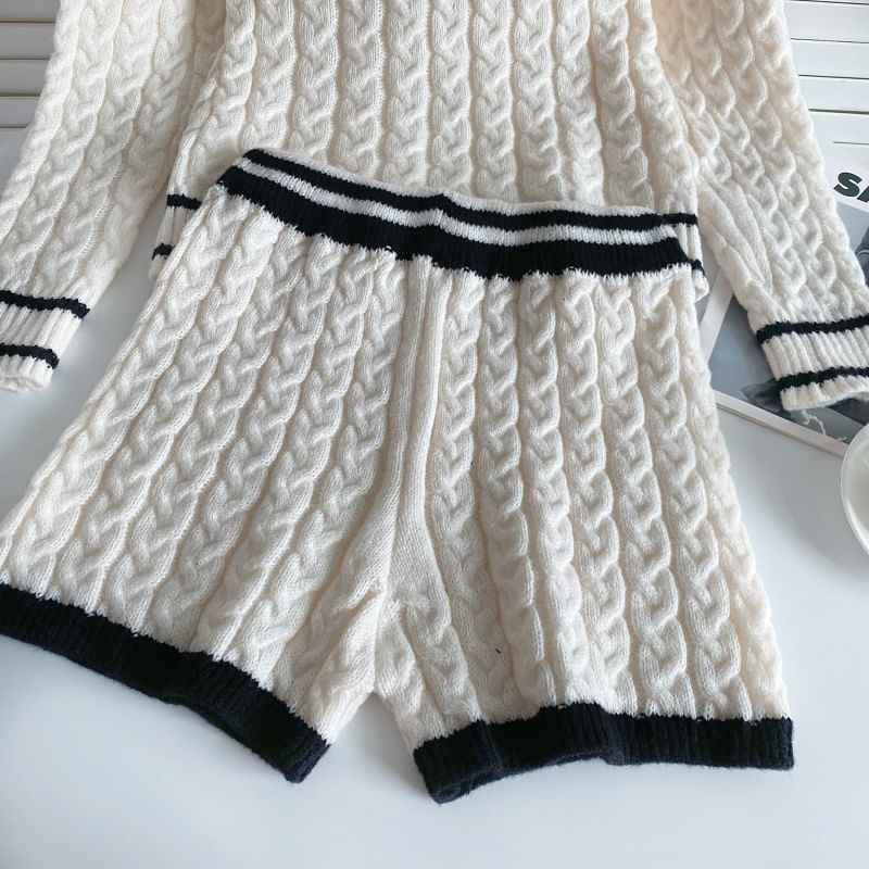 Set: V-Neck Contrast Trim Cable Knit Sweater + High Waist Wide Leg Shorts