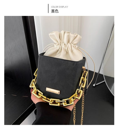 Chain Strap Drawstring Faux Leather Bucket Bag