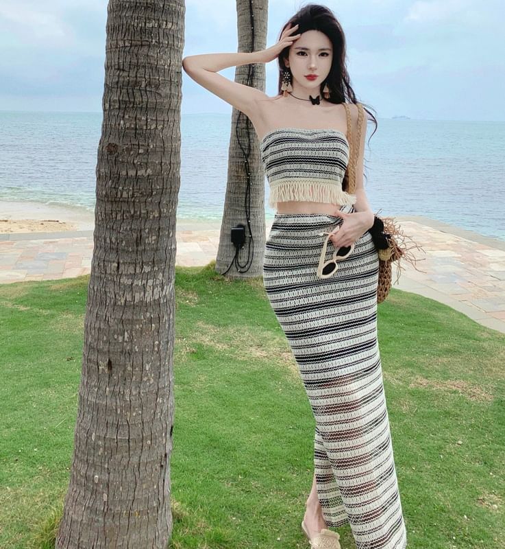 Set: Striped Fringed Crop Tube Top + High Waist Slit Maxi Pencil Skirt