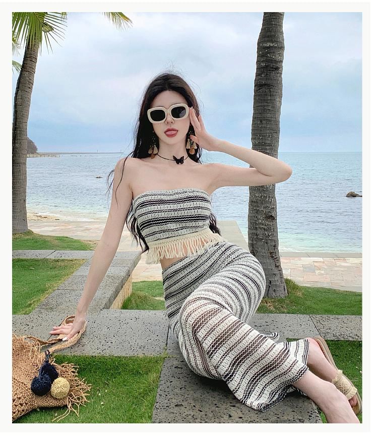 Set: Striped Fringed Crop Tube Top + High Waist Slit Maxi Pencil Skirt