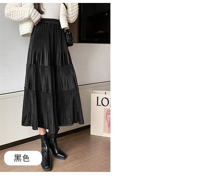 Tiered Plain Midi Waist A-Line Elastic Velvet Skirt