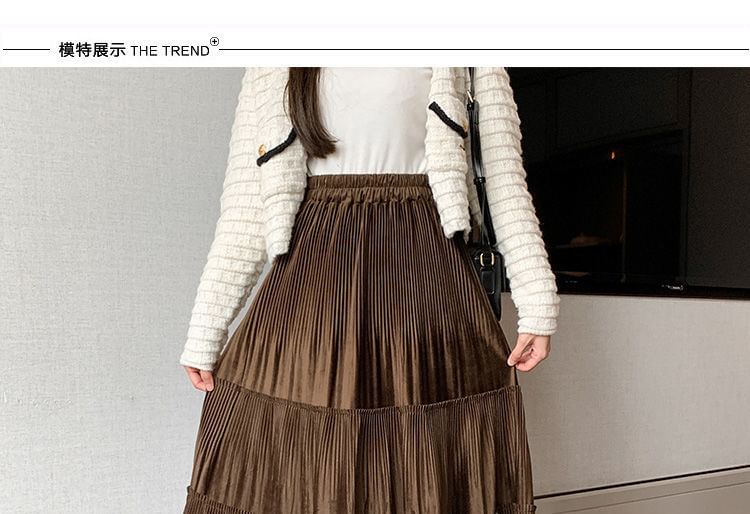 Tiered Plain Midi Waist A-Line Elastic Velvet Skirt