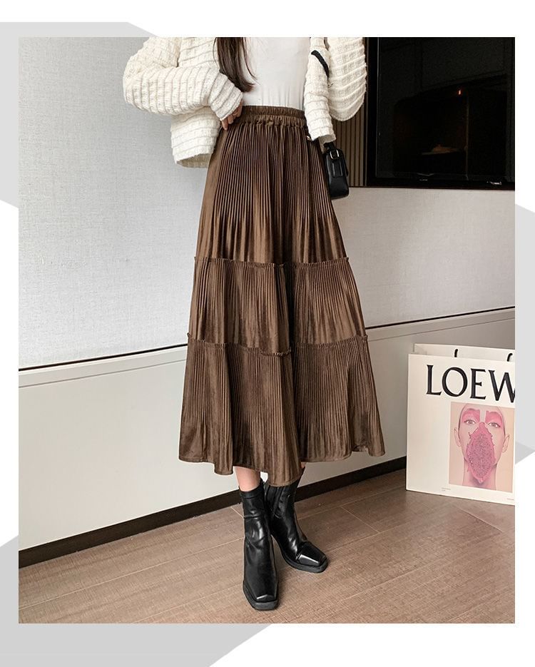 Tiered Plain Midi Waist A-Line Elastic Velvet Skirt