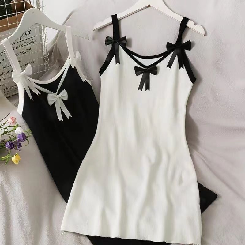 Bow Trim Spaghetti Dress Bodycon Mini Strap Contrast
