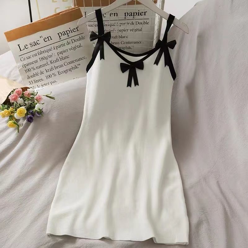 Bow Trim Spaghetti Dress Bodycon Mini Strap Contrast