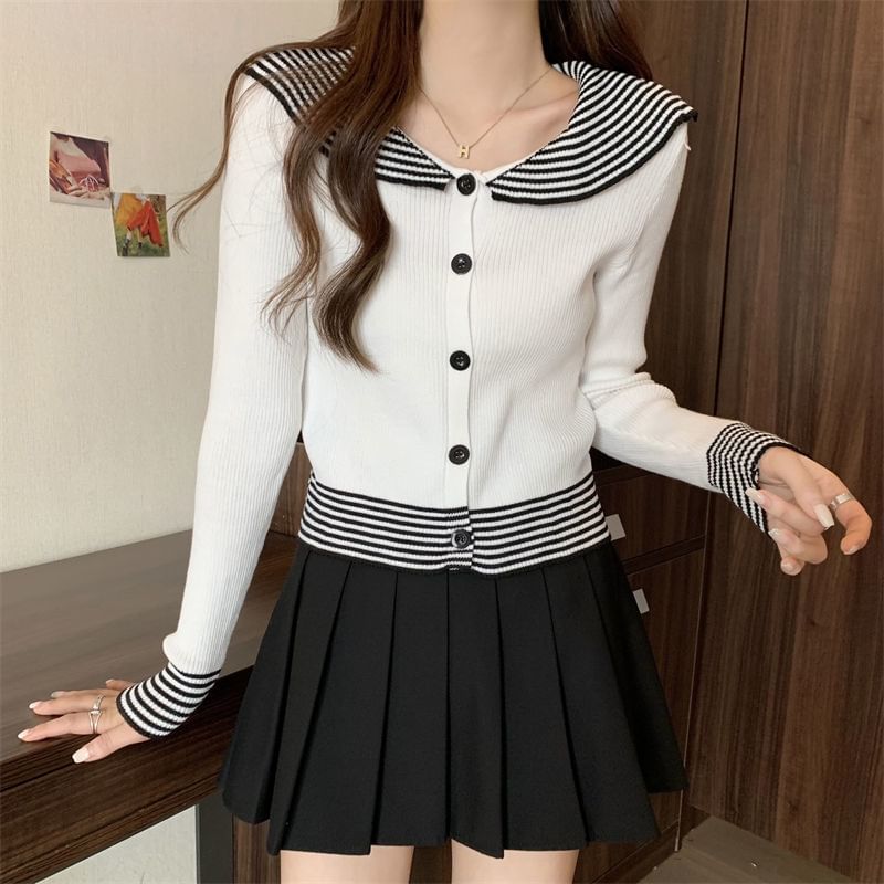 Top Ribbed Knit Long-Sleeve Striped Button Collar Panel