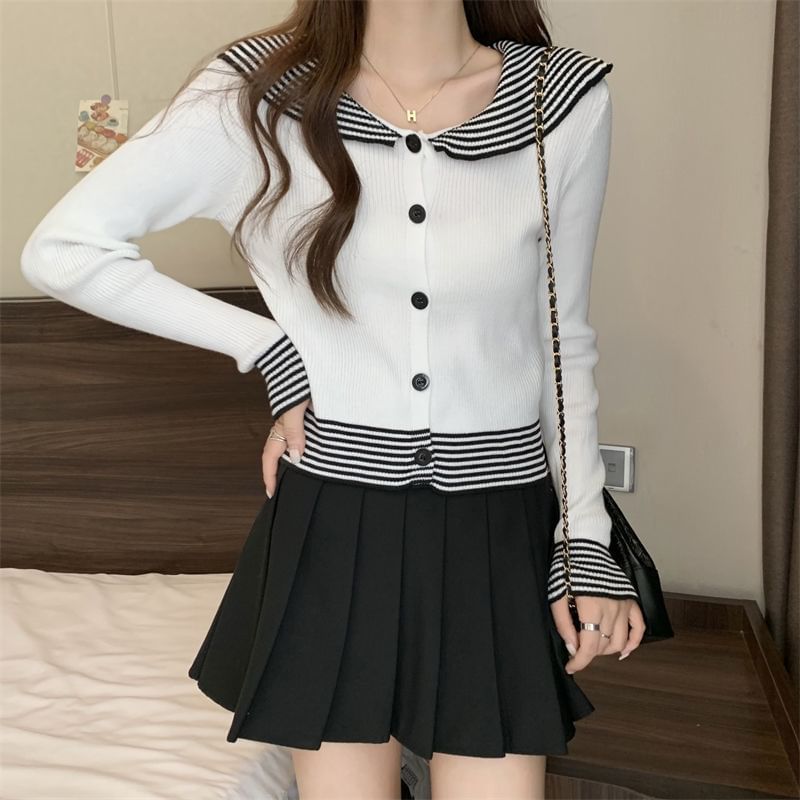 Top Ribbed Knit Long-Sleeve Striped Button Collar Panel
