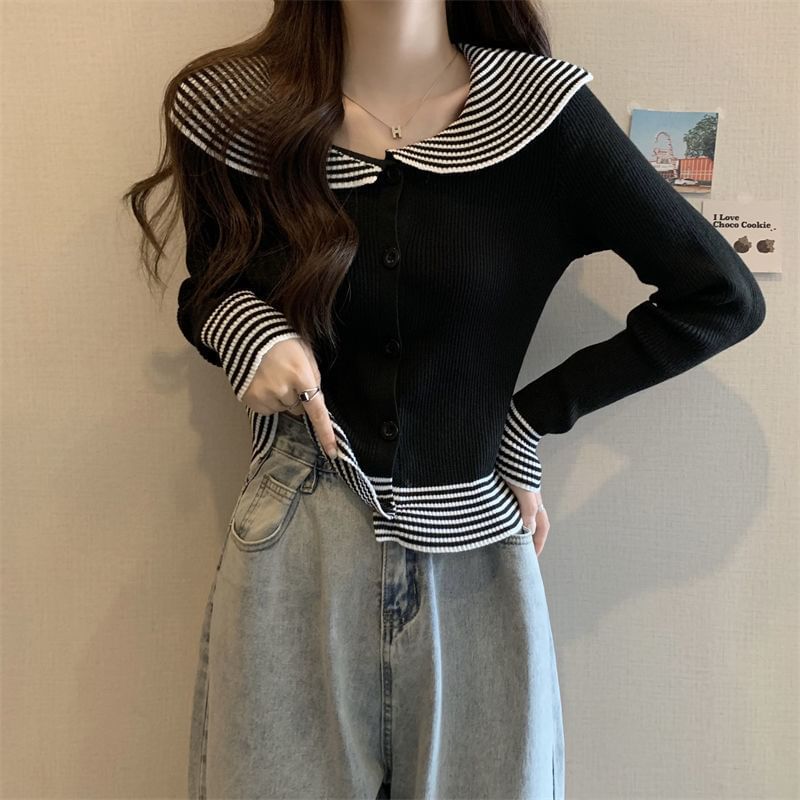 Top Ribbed Knit Long-Sleeve Striped Button Collar Panel