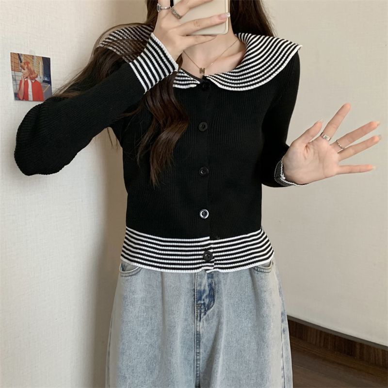 Top Ribbed Knit Long-Sleeve Striped Button Collar Panel
