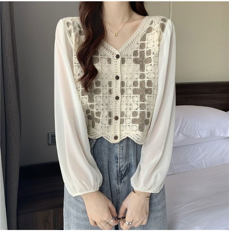 V-Neck Crochet Blouse Panel Knit Long-Sleeve