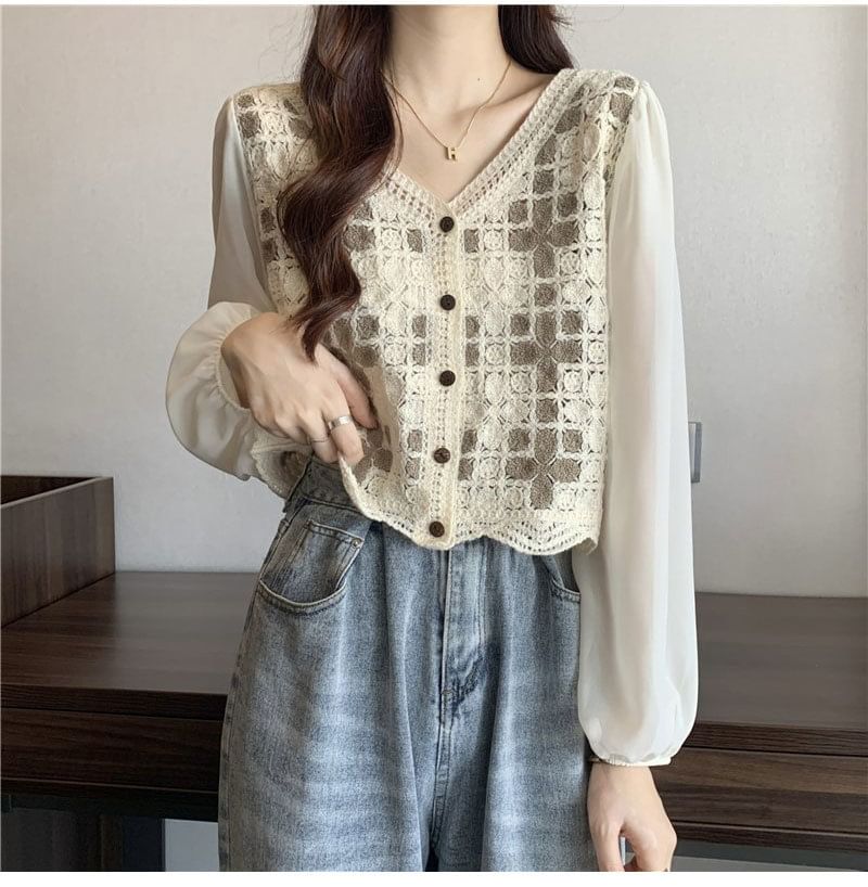 V-Neck Crochet Blouse Panel Knit Long-Sleeve