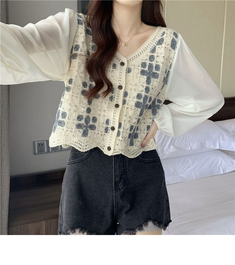 V-Neck Crochet Blouse Panel Knit Long-Sleeve