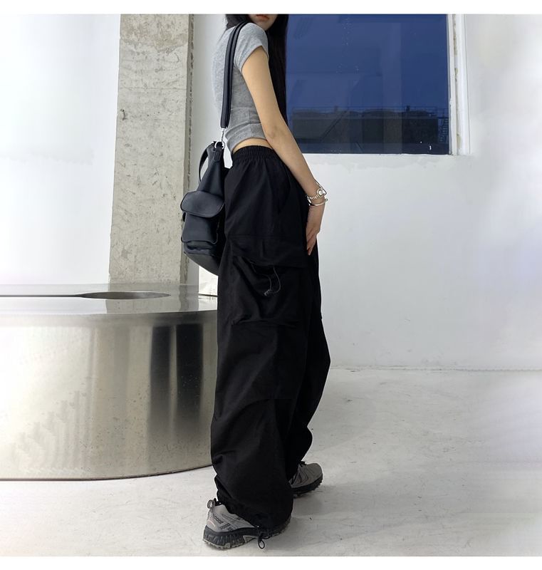 Plain Pants Waist Drawstring Leg Cargo Wide