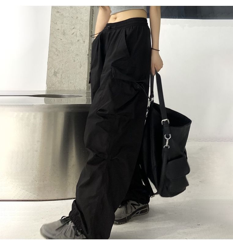 Plain Pants Waist Drawstring Leg Cargo Wide