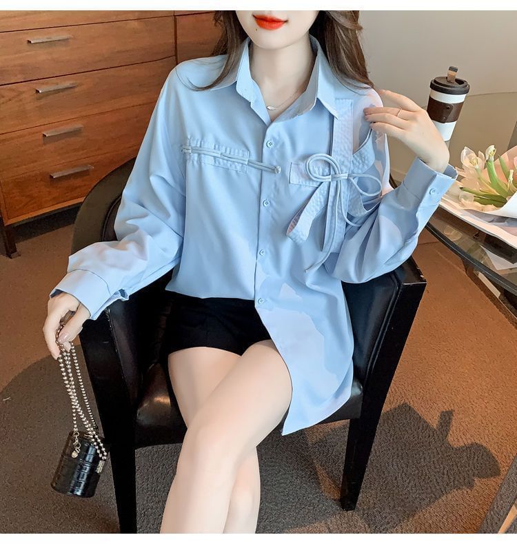 Plain Long-Sleeve Accent Shirt Bow