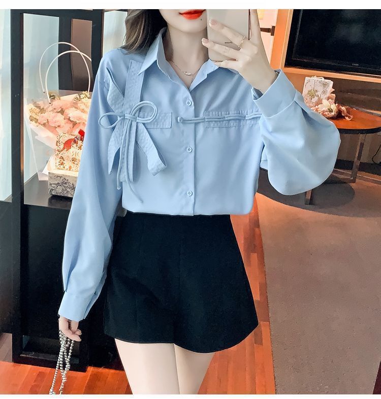 Plain Long-Sleeve Accent Shirt Bow
