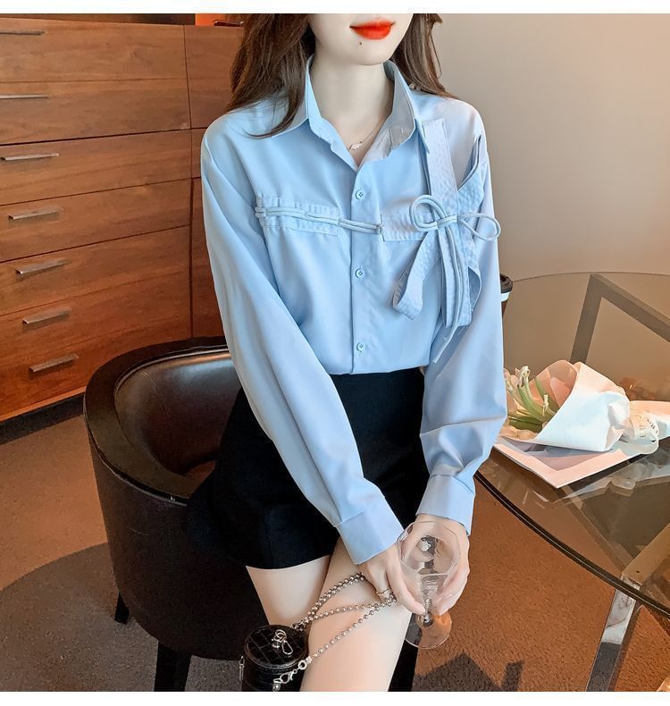 Plain Long-Sleeve Accent Shirt Bow