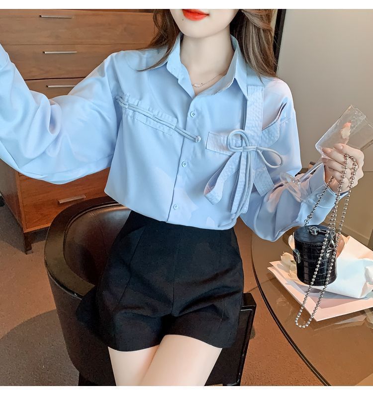 Plain Long-Sleeve Accent Shirt Bow