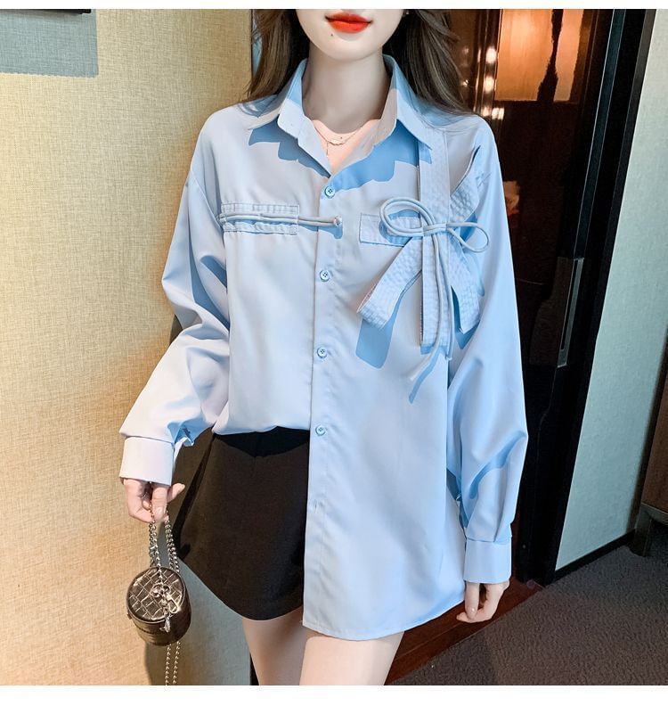 Plain Long-Sleeve Accent Shirt Bow