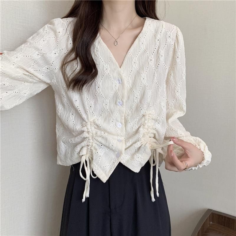 Blouse Eyelet Plain Long-Sleeve V-Neck Drawstring