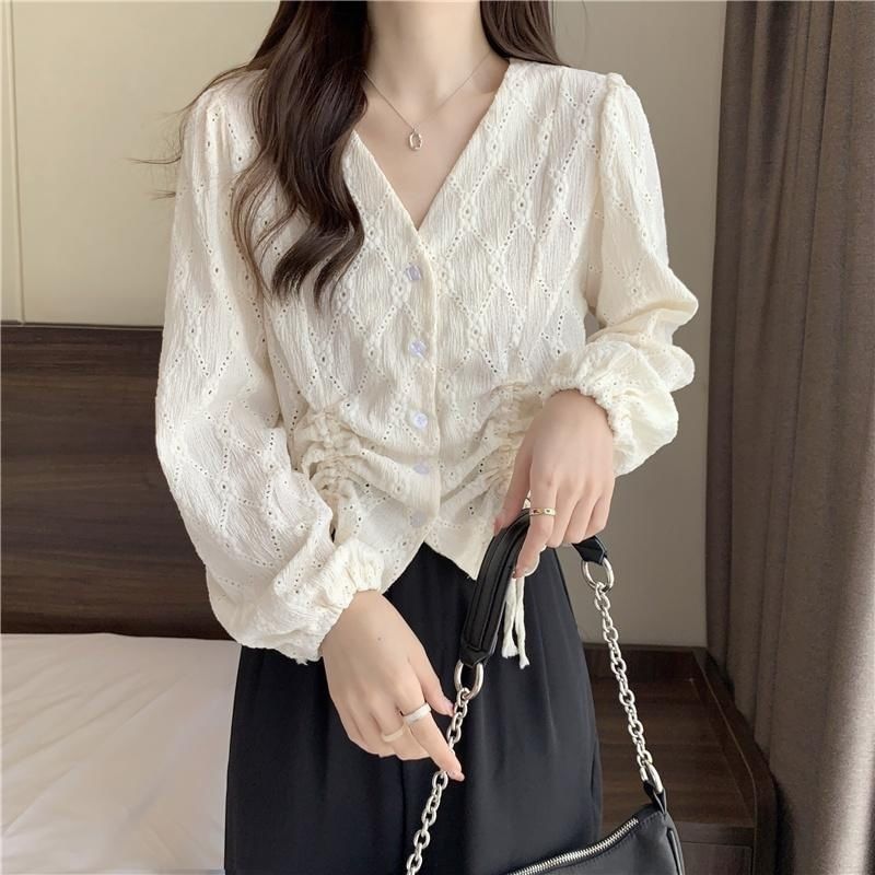 Blouse Eyelet Plain Long-Sleeve V-Neck Drawstring