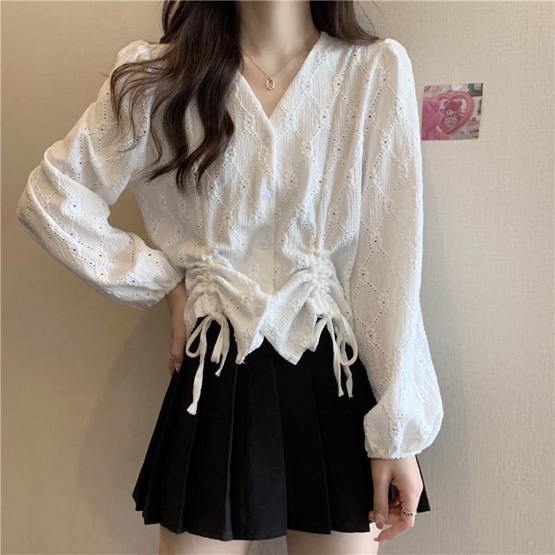 Blouse Eyelet Plain Long-Sleeve V-Neck Drawstring