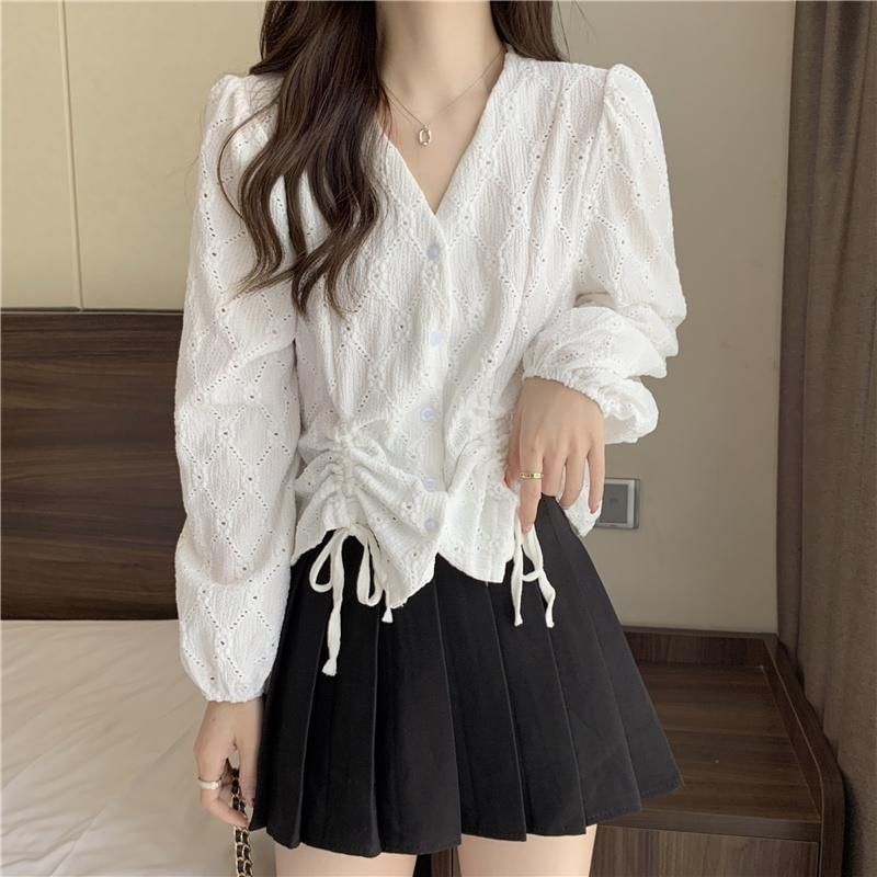 Blouse Eyelet Plain Long-Sleeve V-Neck Drawstring