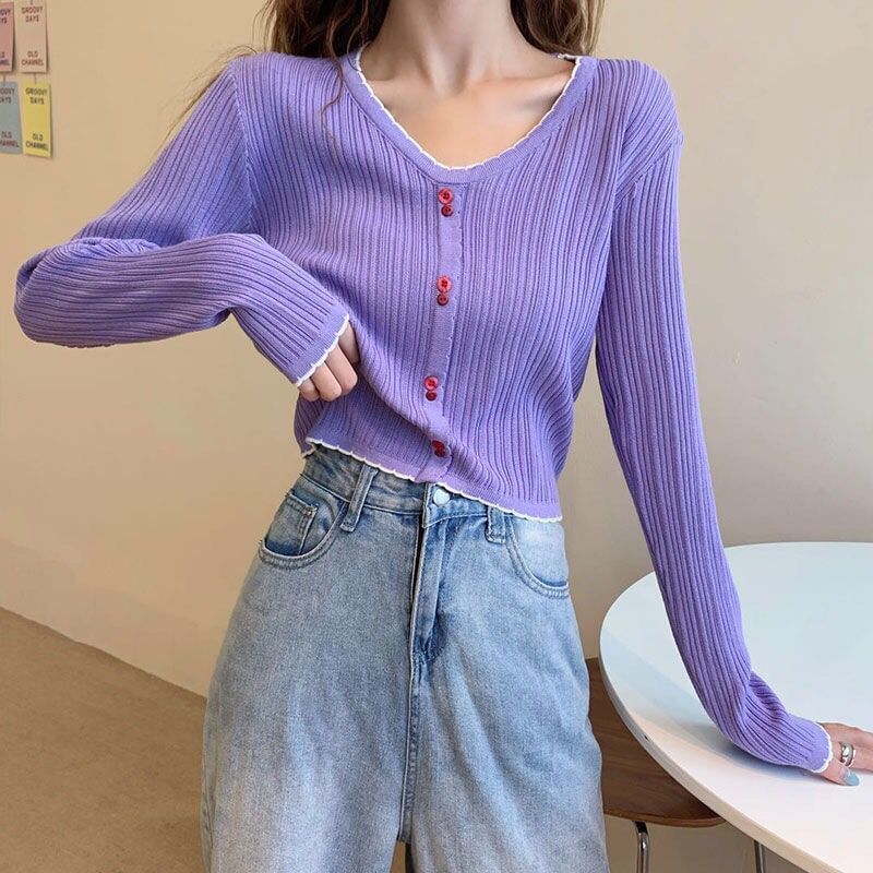 Top Crop Button Trim Contrast V-Neck Long-Sleeve Knit Ribbed