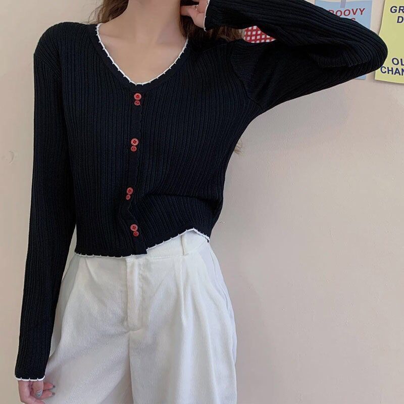 Top Crop Button Trim Contrast V-Neck Long-Sleeve Knit Ribbed
