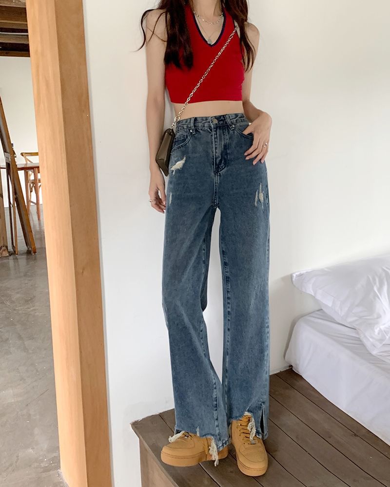 Distressed Loose Waist Jeans High Fit