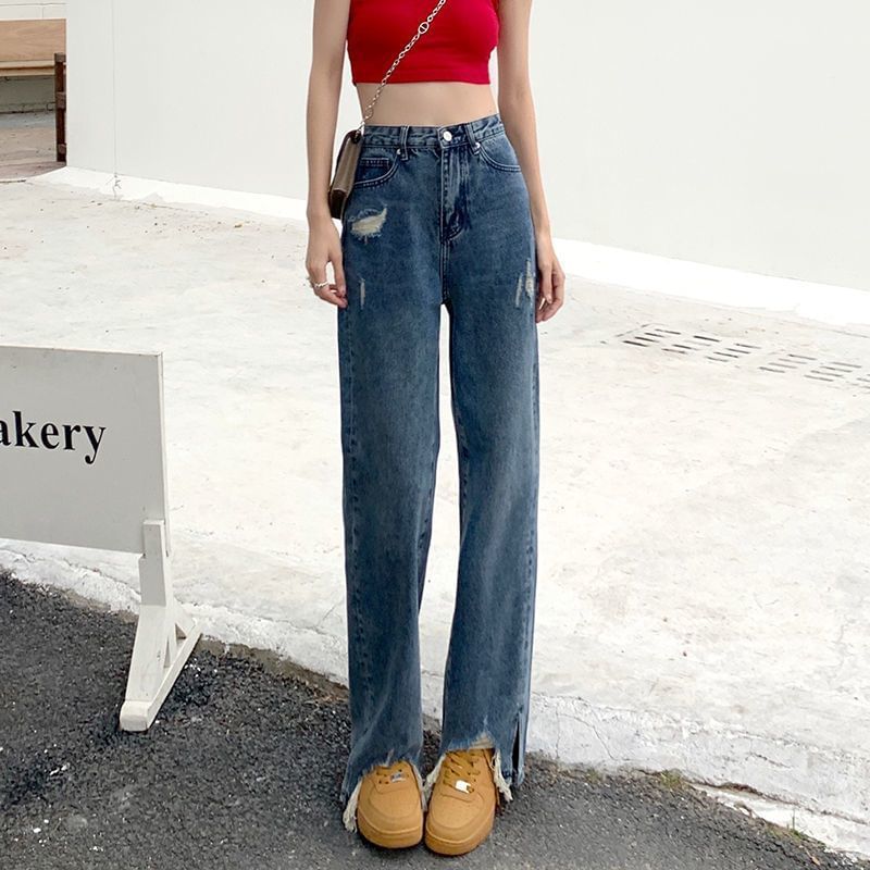 Distressed Loose Waist Jeans High Fit