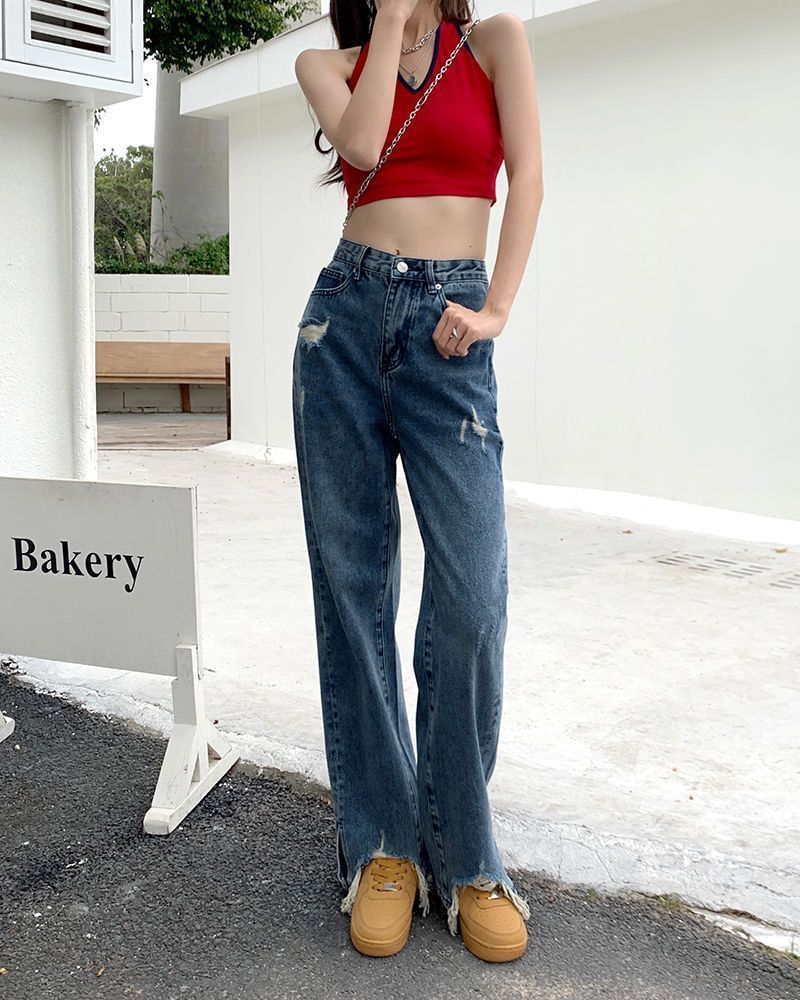 Distressed Loose Waist Jeans High Fit