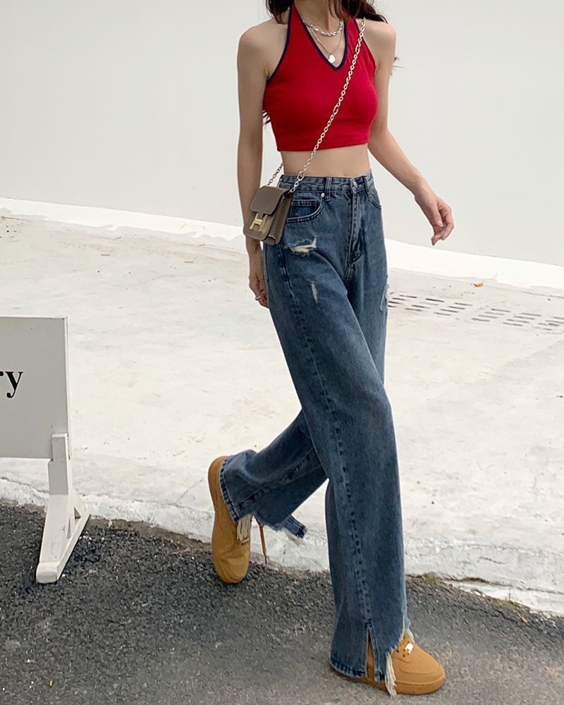 Distressed Loose Waist Jeans High Fit