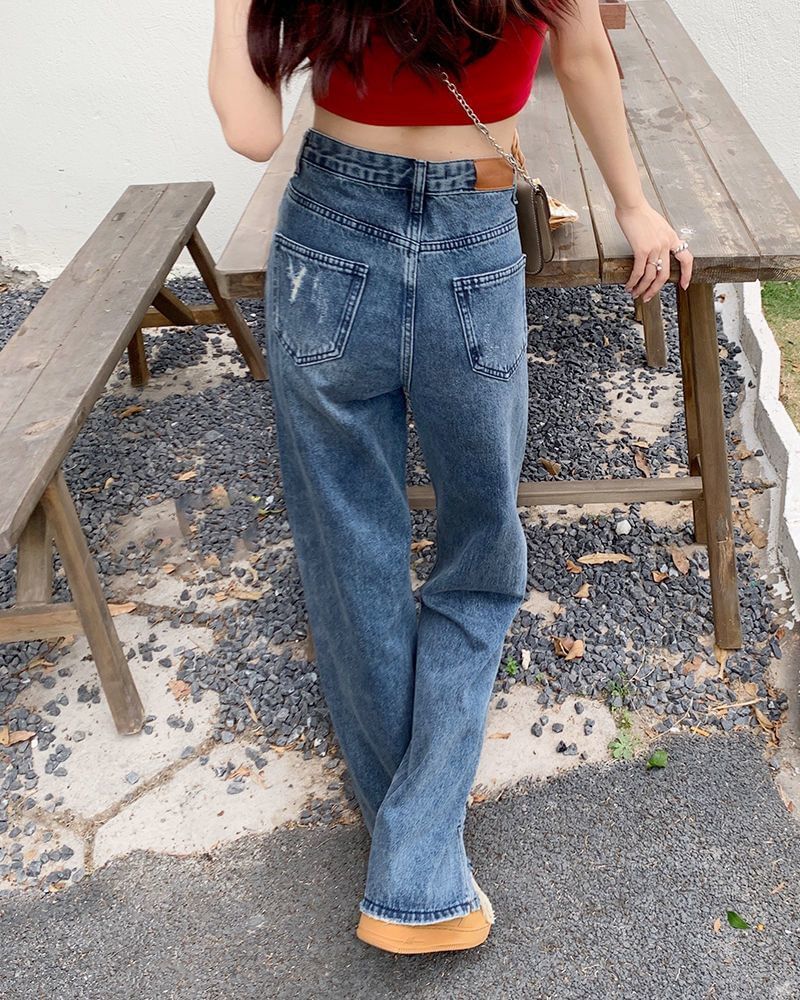 Distressed Loose Waist Jeans High Fit