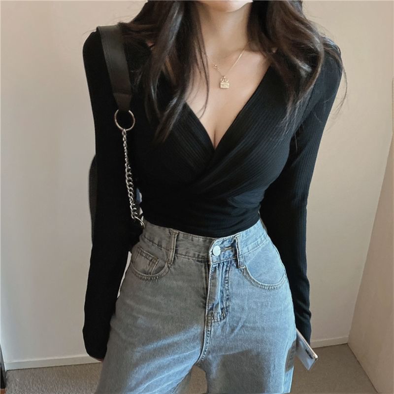 Slim Fit Top Crop Knot V-Neck Long-Sleeve