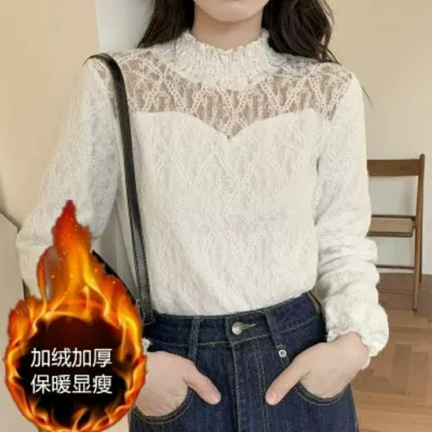 Plain Neck Top Mock Long-Sleeve Lace