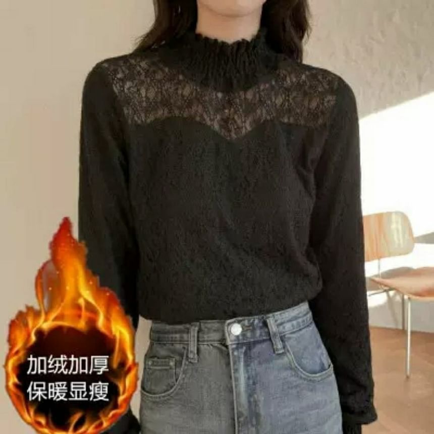 Plain Neck Top Mock Long-Sleeve Lace