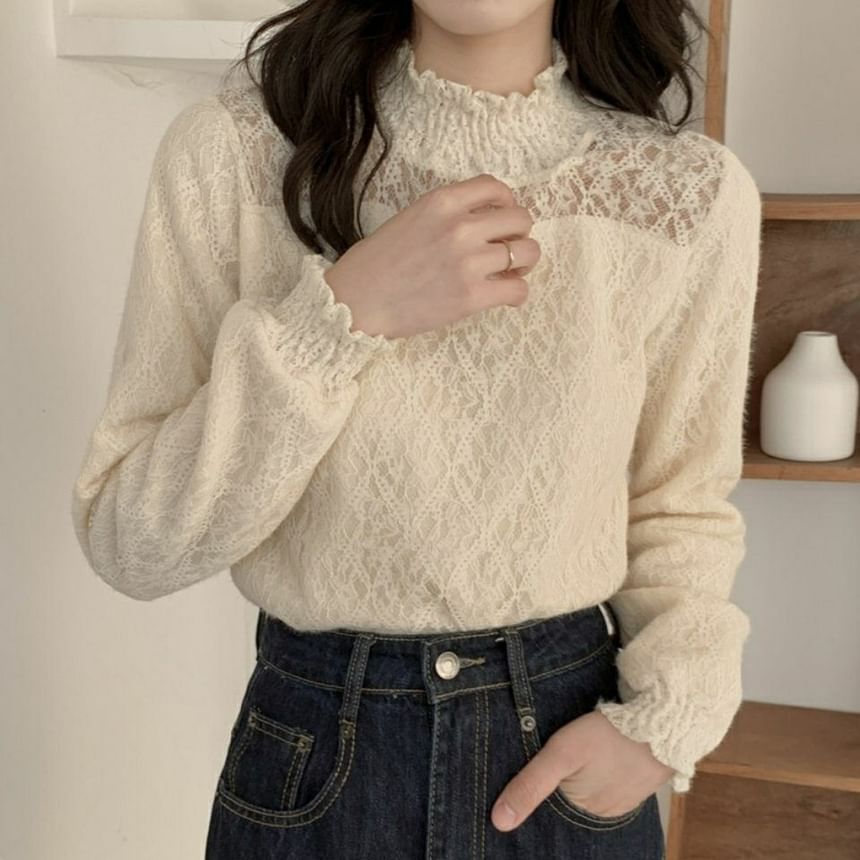 Plain Neck Top Mock Long-Sleeve Lace