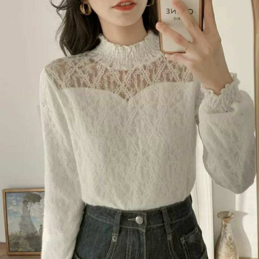 Plain Neck Top Mock Long-Sleeve Lace