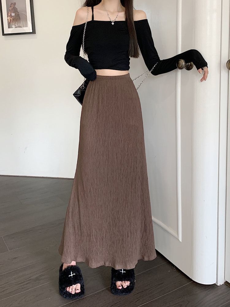 A-Line Waist Midi Plain Skirt Elastic
