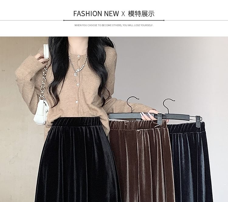 Velvet Waist Skirt A-Line Midi Elastic Plain