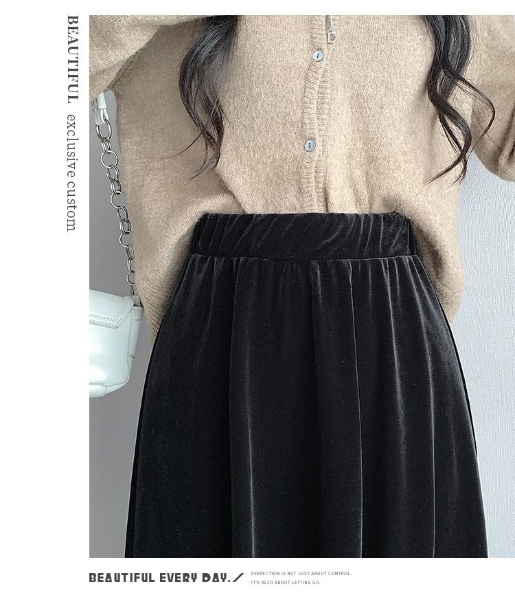 Velvet Waist Skirt A-Line Midi Elastic Plain