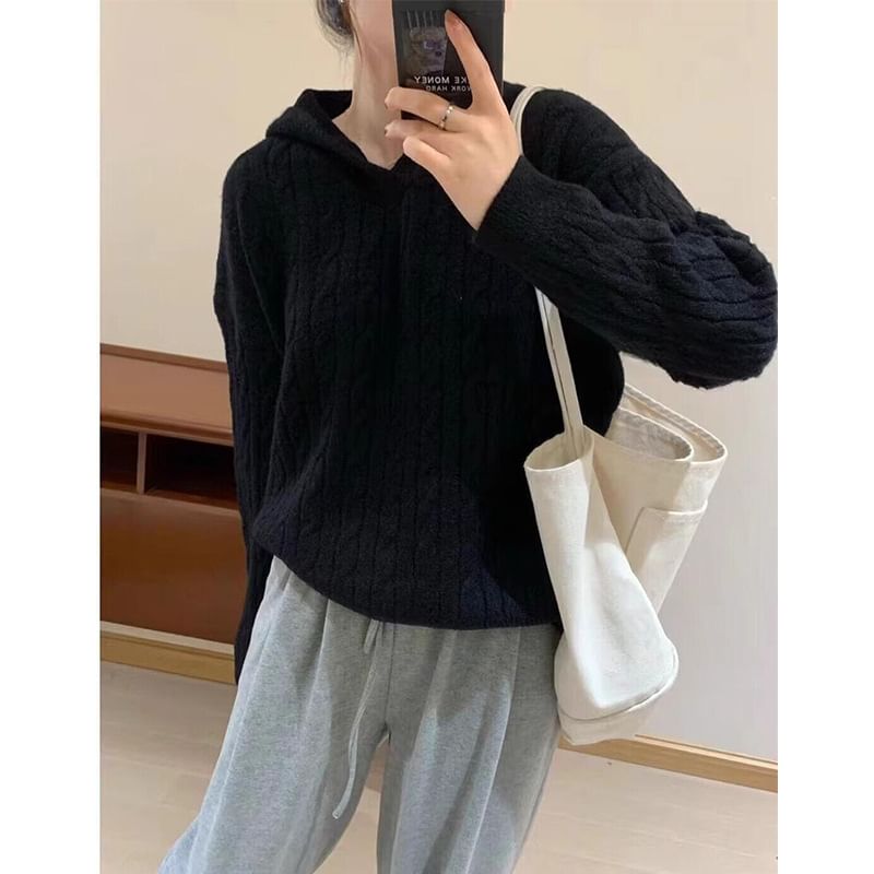 Hooded Plain Cable Knit Sweater