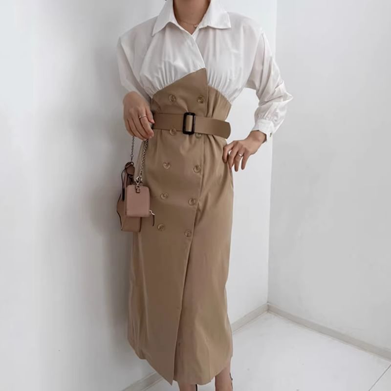 Long-Sleeve Collared  Two Tone Double-Breasted Midi Shirt Dress