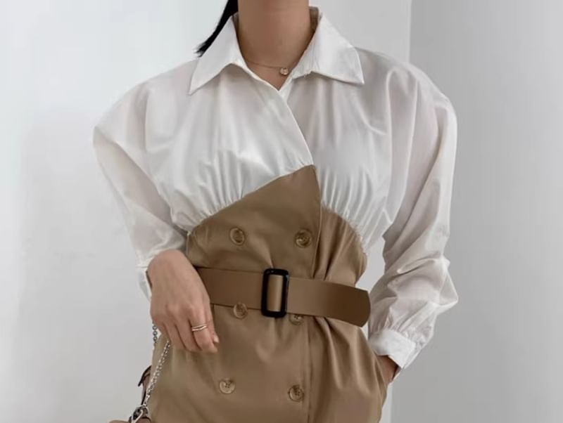 Long-Sleeve Collared  Two Tone Double-Breasted Midi Shirt Dress