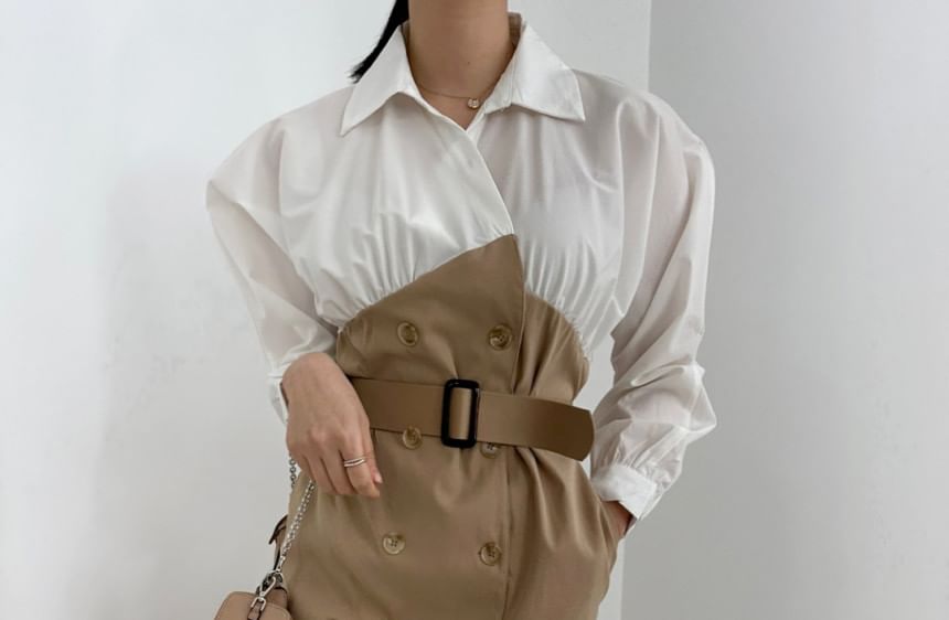 Long-Sleeve Collared  Two Tone Double-Breasted Midi Shirt Dress