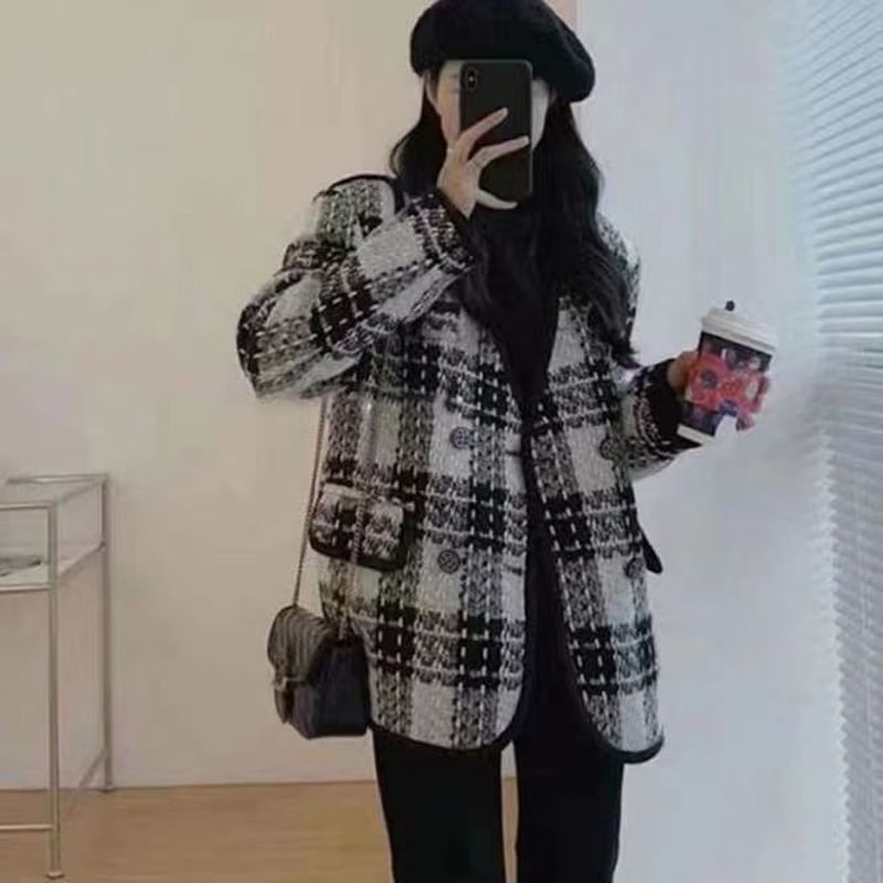 V-Neck Plaid Tweed Double Breasted Jacket