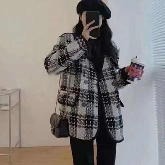 V-Neck Plaid Tweed Double Breasted Jacket